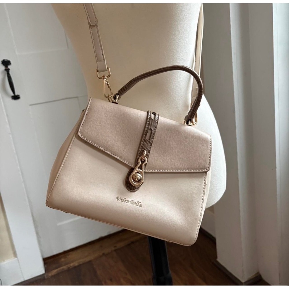 Valen Bella Structured Beige And White Crossbody Bag‎ Top Handle Gold Hardware